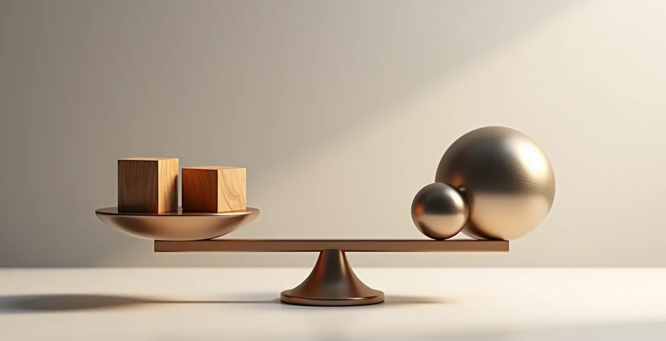 Photographie artistique d'une balance en métal moderne sur un bureau, avec des éléments symbolisant l'équilibre entre coûts et performance dans l'investissement