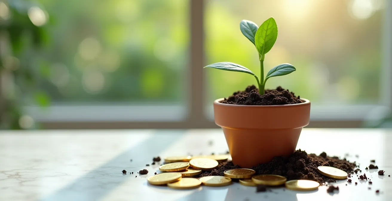 Photographie en macro d'une plante verte émergeant d'un pot de terre avec des pièces de monnaie dorées disposées autour, symbolisant la croissance naturelle de l'épargne