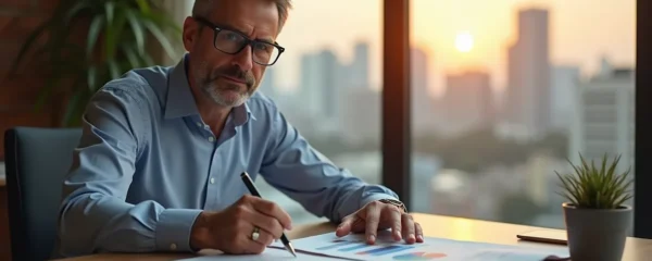 Personne en réflexion face à des graphiques d'investissement et des pièces de monnaie symbolisant la stratégie financière