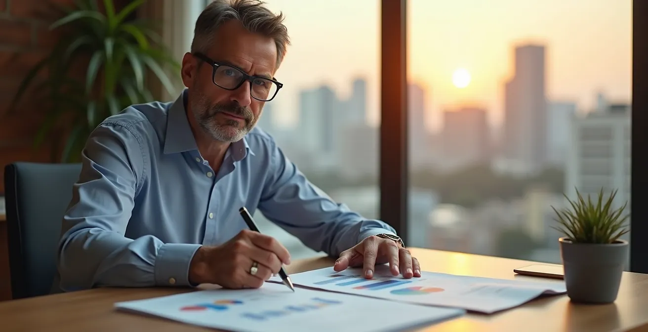 Personne en réflexion face à des graphiques d'investissement et des pièces de monnaie symbolisant la stratégie financière