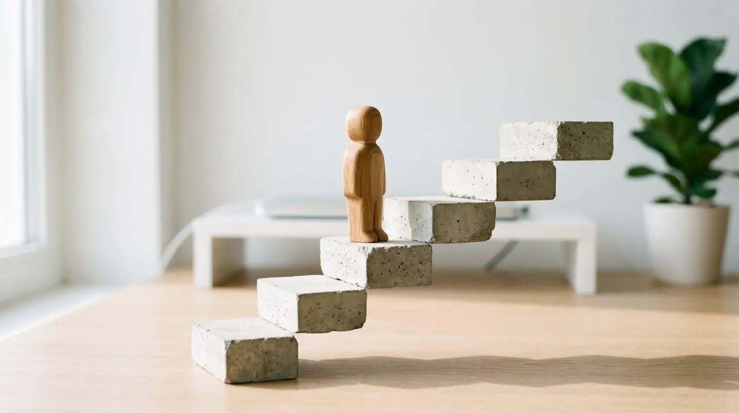 Illustration 3D isométrique d'un escalier à 6 marches avec montants croissants de 30 à 100 euros, et une silhouette montant la 3e marche.
