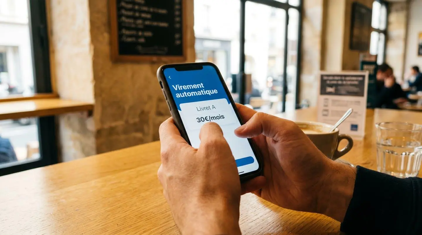 Gros plan sur des mains tenant un smartphone affichant un virement automatique mensuel de 30 euros vers un livret d'épargne.